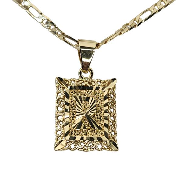 Kissyan 24k Gold Plated "R" Initial Letter Pendant 20" Figaro Chain Necklace New - Picture 2 of 4